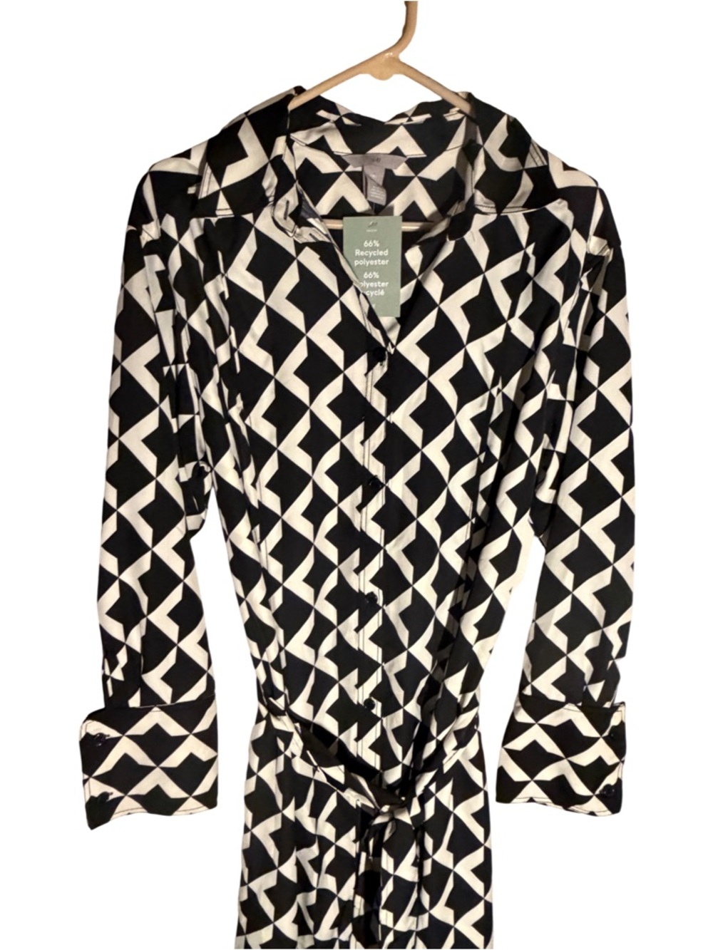 H&M Tie- Belt Shirt Dress With White and Black Geometric Classic Design - Picture 5 of 9